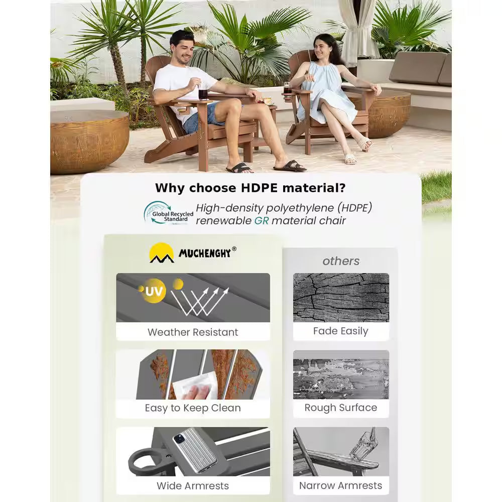Gray Folding Adirondack Chairs Set of 1, Patio Chairs with Cup Holder, Lawn Chairs, Weather Resistant, Recyclable