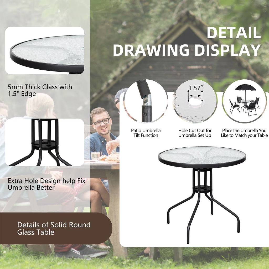 6 Piece Patio Furniture Set with Umbrella, Outdoor Patio Dining Set with 4 Folding Chairs and Tempered Glass Dining Table, Black