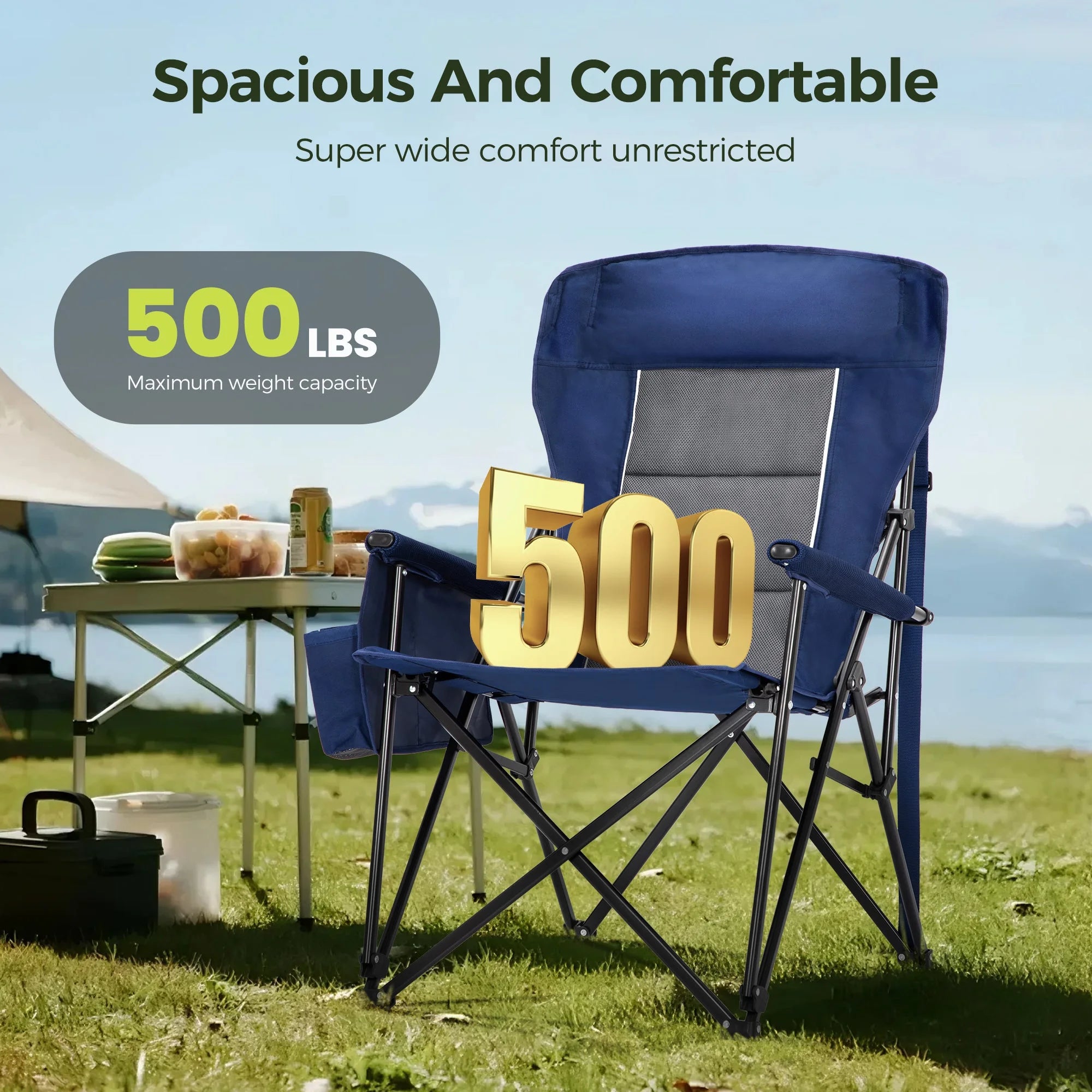 Oversized Camping Chair Heavy Duty High Back Camping Chairs 500Lbs Capacity Folding Lawn Chairs with Cup Holder, Portable for Outdoor, Beach and Picnic, Blue