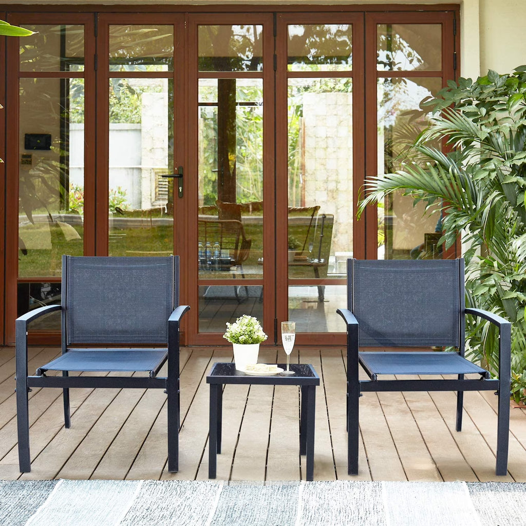 3 Pieces Patio Furniture Set Textilene Bistro Set Outdoor Conversation Set Modern Porch Furniture Lawn Chairs with Coffee Table, Black