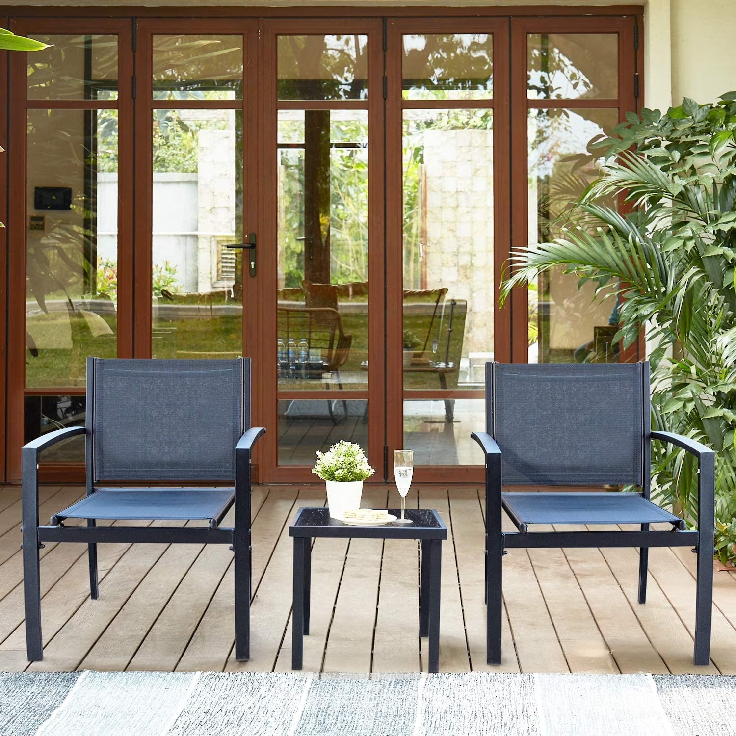 3 Pieces Patio Furniture Set Textilene Bistro Set Outdoor Conversation Set Modern Porch Furniture Lawn Chairs with Coffee Table, Black