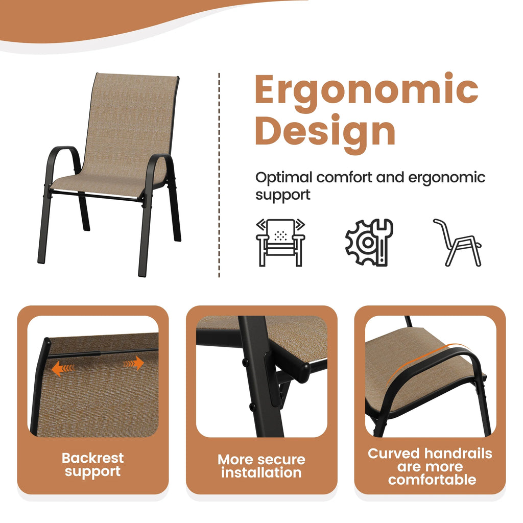 Outdoor Dining Set of 5, Patio Table and Chairs Set, Textured Glass Tabletop, 4 Stackable Patio Chairs, Patio Furniture, Balcony, Porch, Lawn- Brown