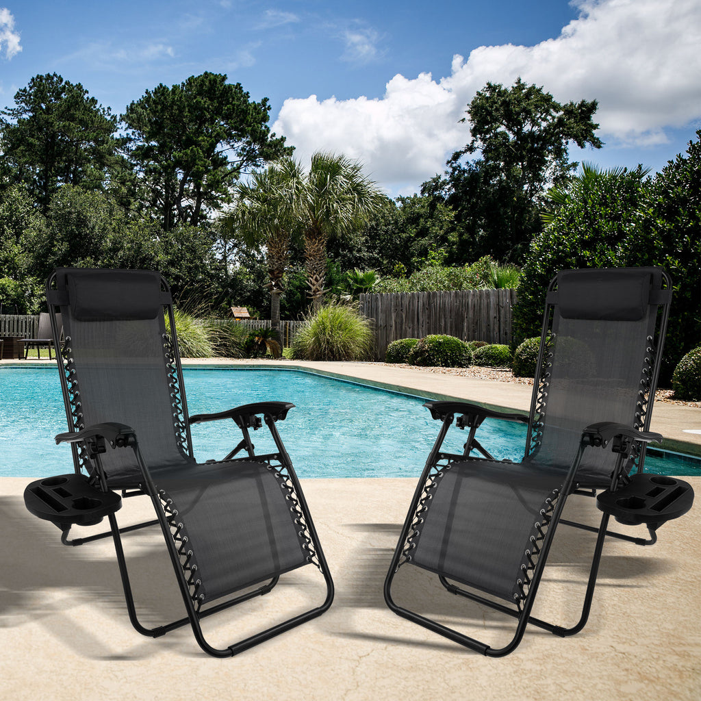 Zero Gravity Lounge Chairs, Set of 2 Folding Recliners with Side Table, Cup Holder & Pillow, Black