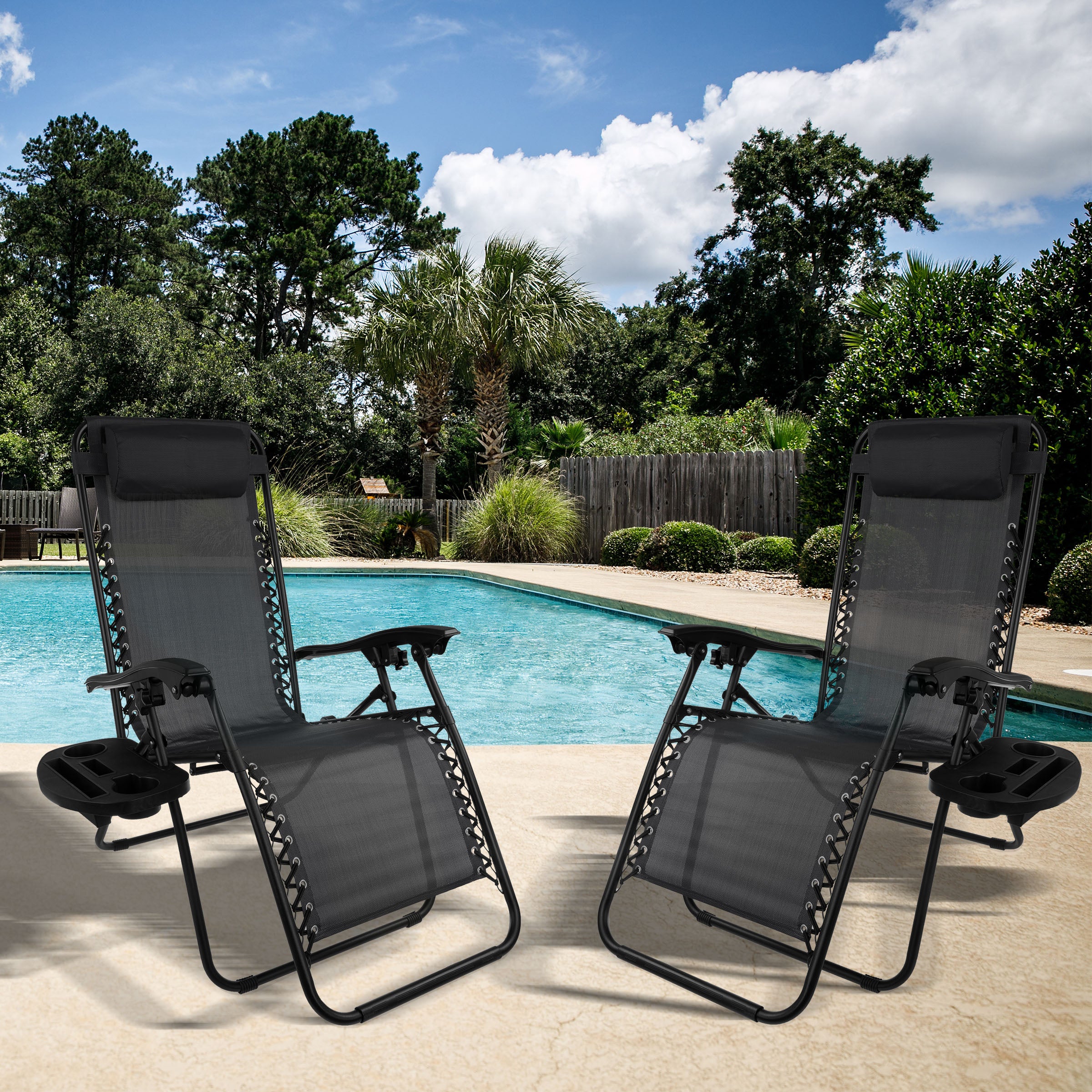 Zero Gravity Lounge Chairs, Set of 2 Folding Recliners with Side Table, Cup Holder & Pillow, Black