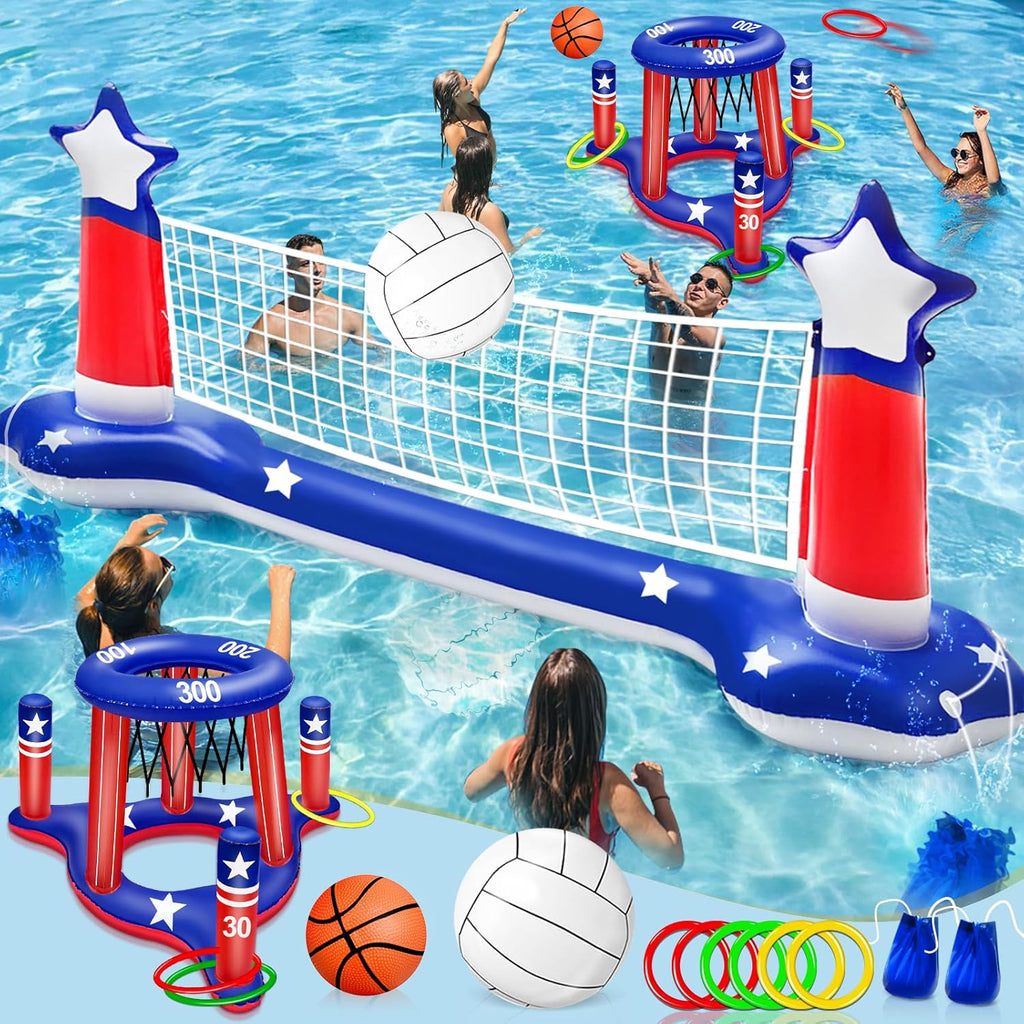 4Th of July Pool Games Set, Volleyball Net & Basketball Hoop & Ring Toss, 250Th Anniversary 3-In-1 Large Inflatable Water Sport Game Toys for Multi-Player Adults American Flag Swimming Summer Party