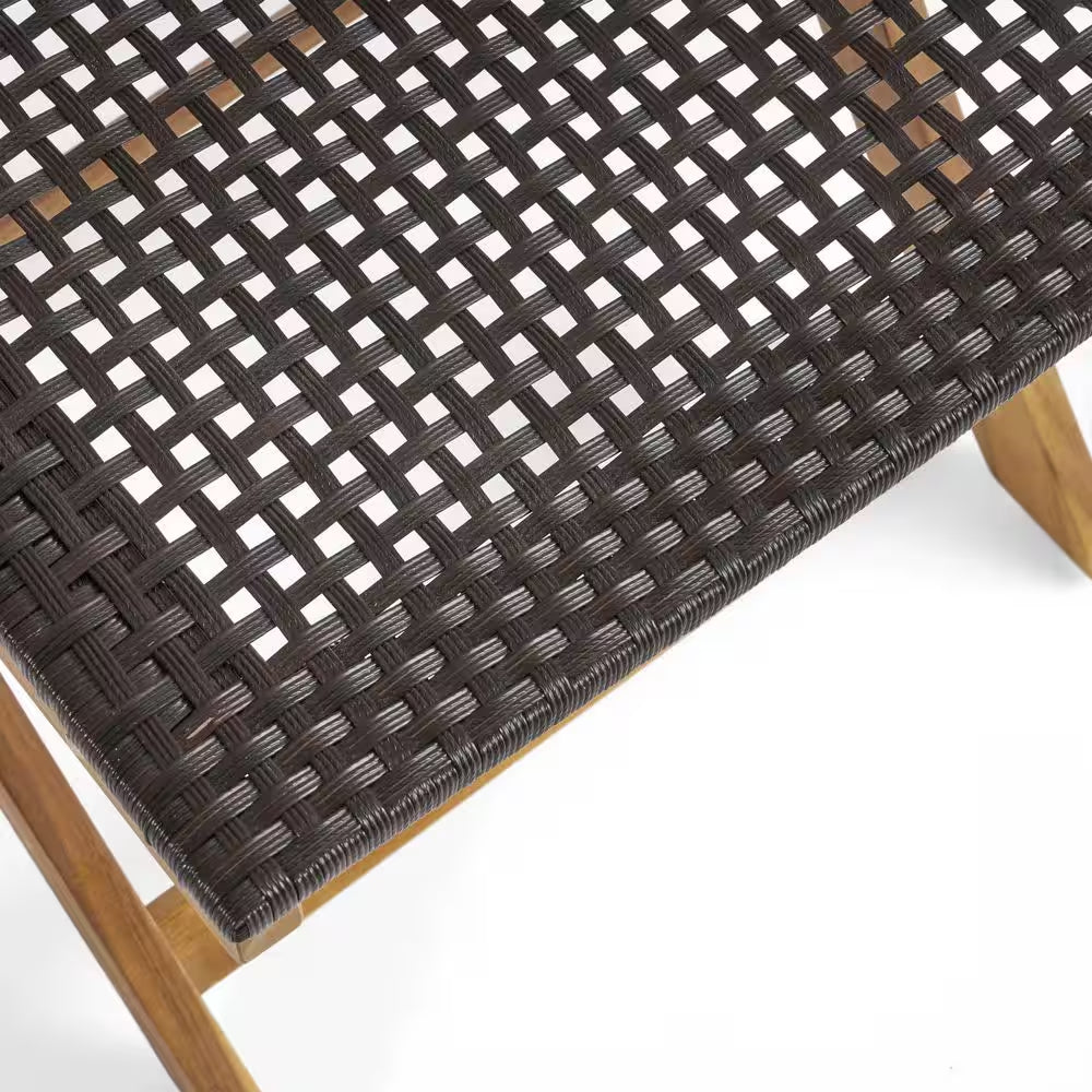 Teak Acacia Wood Folding Lawn Chair, Bistro Chair with Brown Wicker Seat (Set of 2)