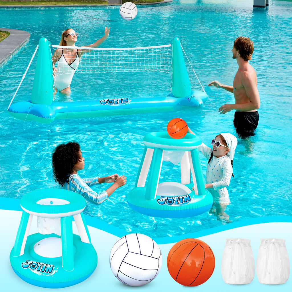 Inflatable Pool Float Set Pool Volleyball Net & Basketball Hoops, Summer Pool Toys for Kids and Pool Game Adults, Volleyball Court (105”X28”X35”)|Basketball (27”X23”X27”),L-Blue