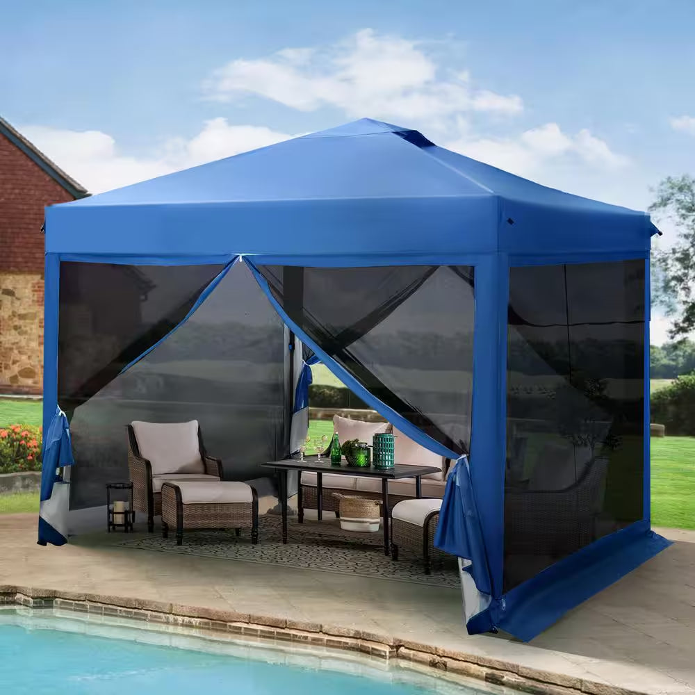 10 Ft. X 10 Ft. Blue Outdoor Patio Pop-Up Canopy with Netting
