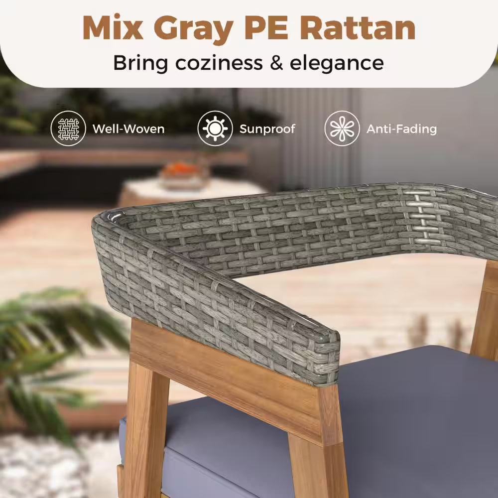 Acacia Wood Outdoor Dining Chair Patio Chairs with Gray Cushion for Garden (4-Pack)
