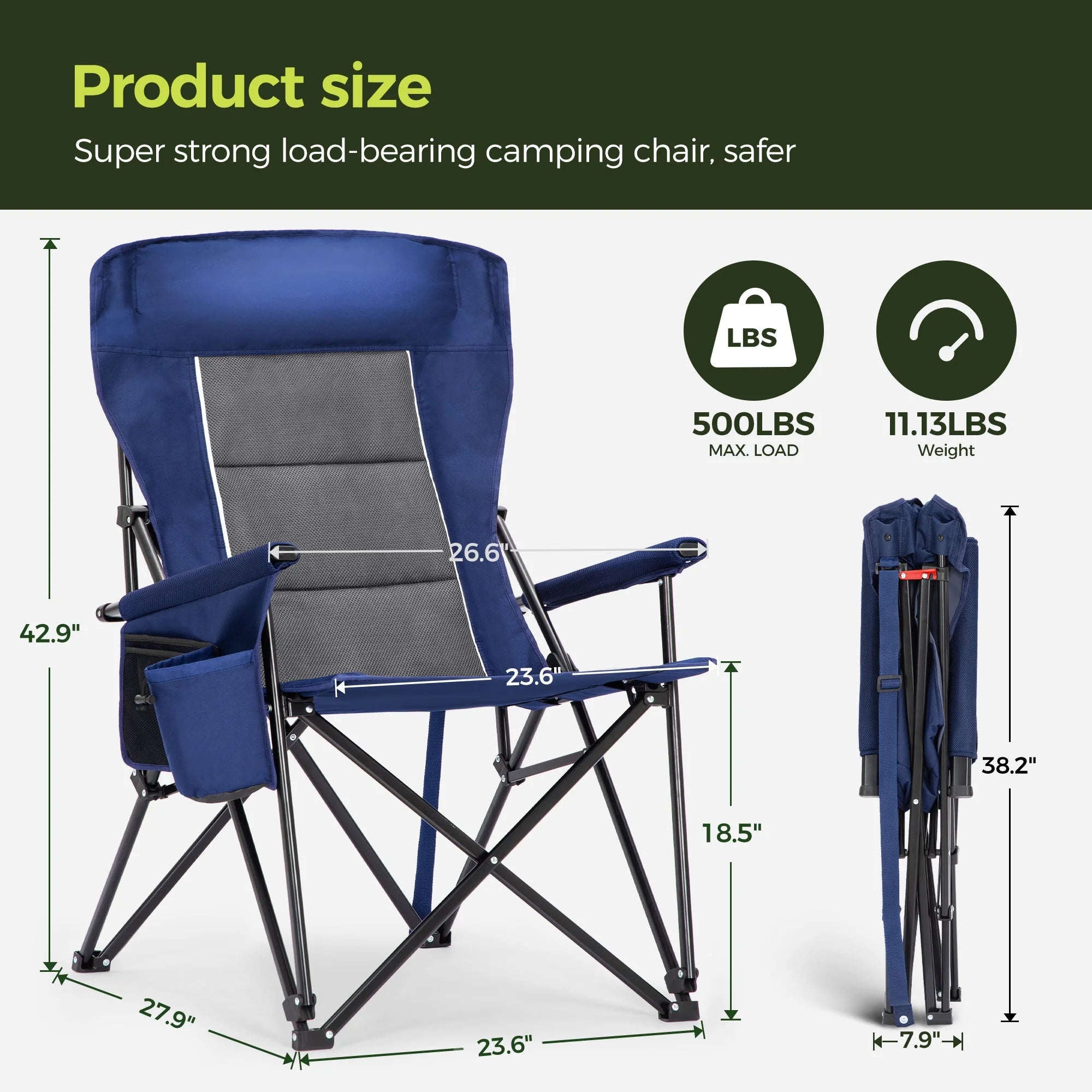 Oversized Camping Chair Heavy Duty High Back Camping Chairs 500Lbs Capacity Folding Lawn Chairs with Cup Holder, Portable for Outdoor, Beach and Picnic, Blue