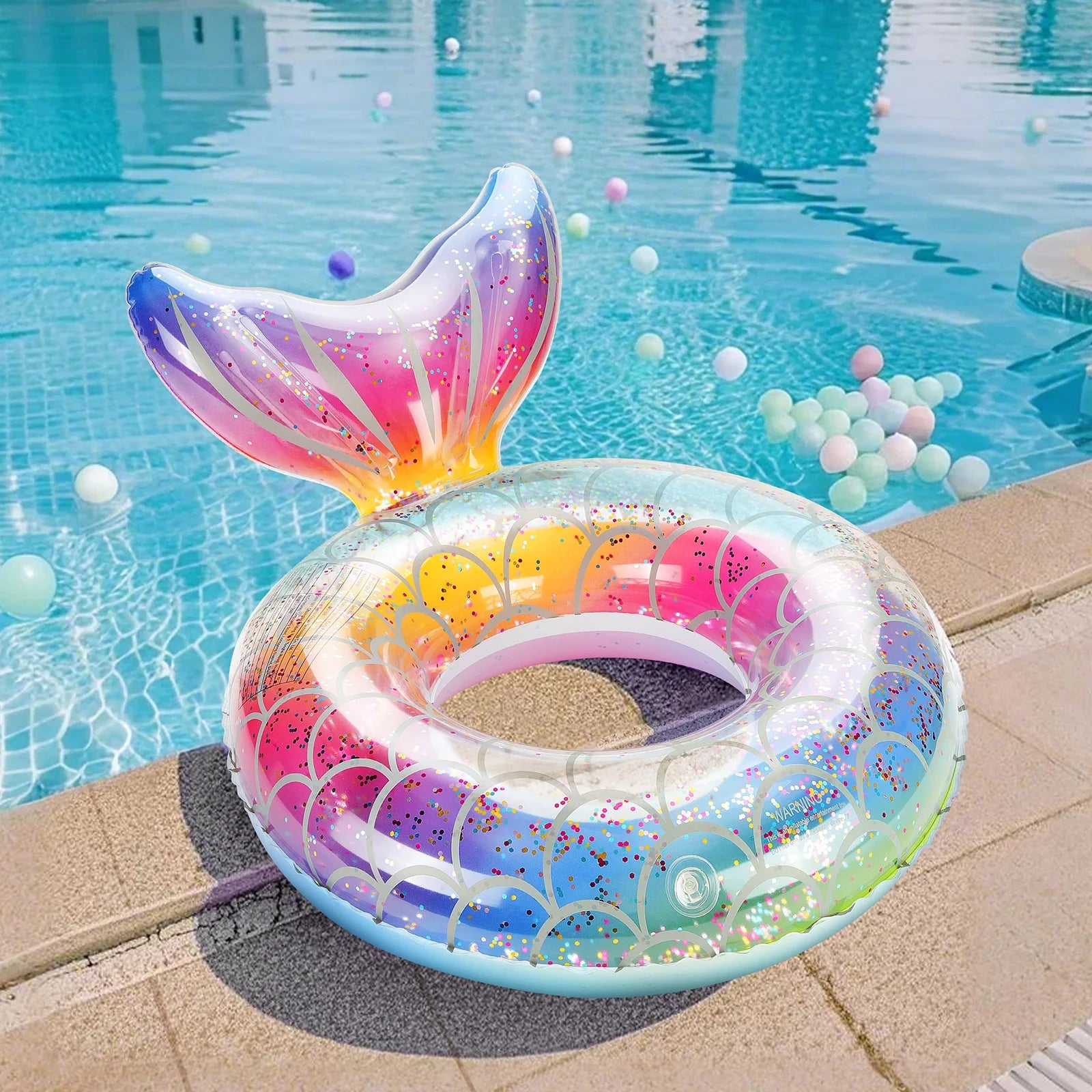 2 Pack Mermaid Tail Pool Float, Inflatable Swimming Ring Floaties Tubes, Rainbow & Purple