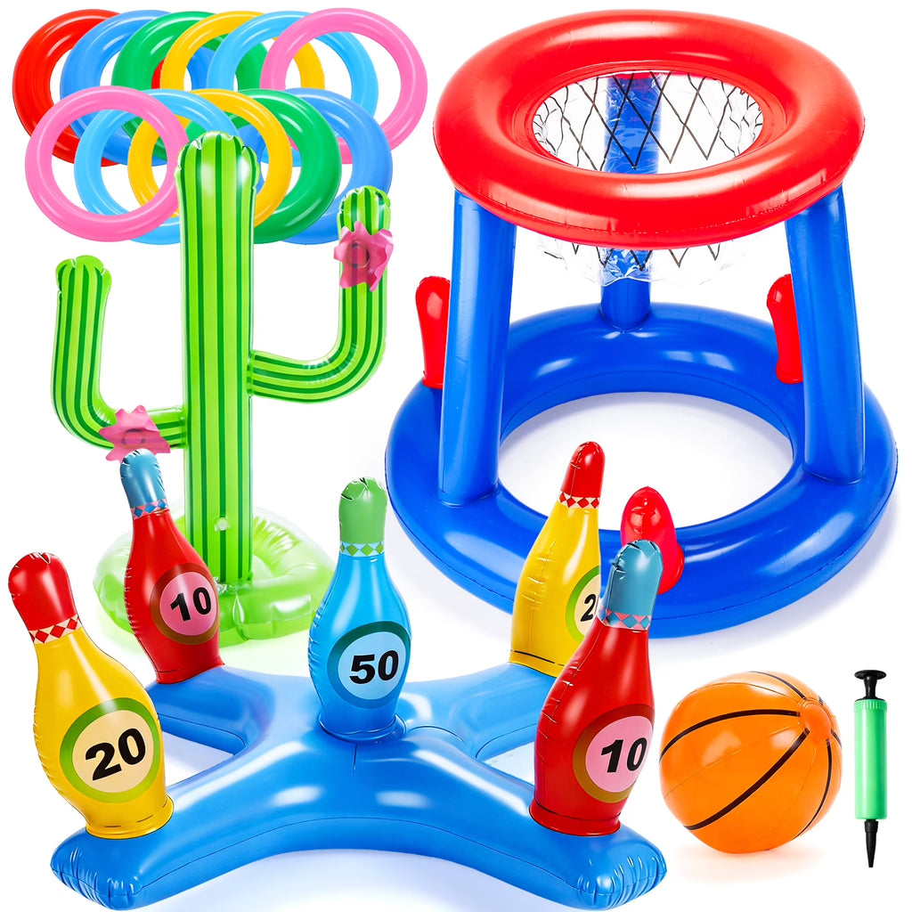 Pool Toys Games Set, Floating Basketball Hoop Inflatable Cross Ring Toss Game Toys for Kids Adults, Summer Party Swimming Pool Water Games