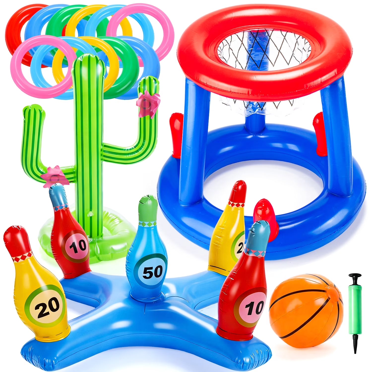 Pool Toys Games Set, Floating Basketball Hoop Inflatable Cross Ring Toss Game Toys for Kids Adults, Summer Party Swimming Pool Water Games