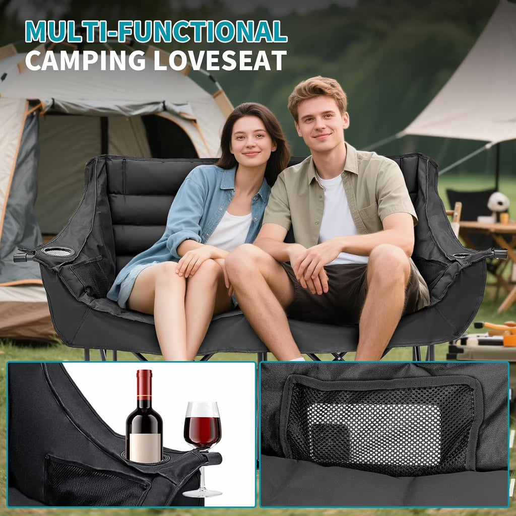Double Camping Chair for 2 Person - Oversized Padded Folding Loveseat - Portable Camping Couch Heavy Duty Lawn Chairs for Outdoor Beach - Support 500LBS