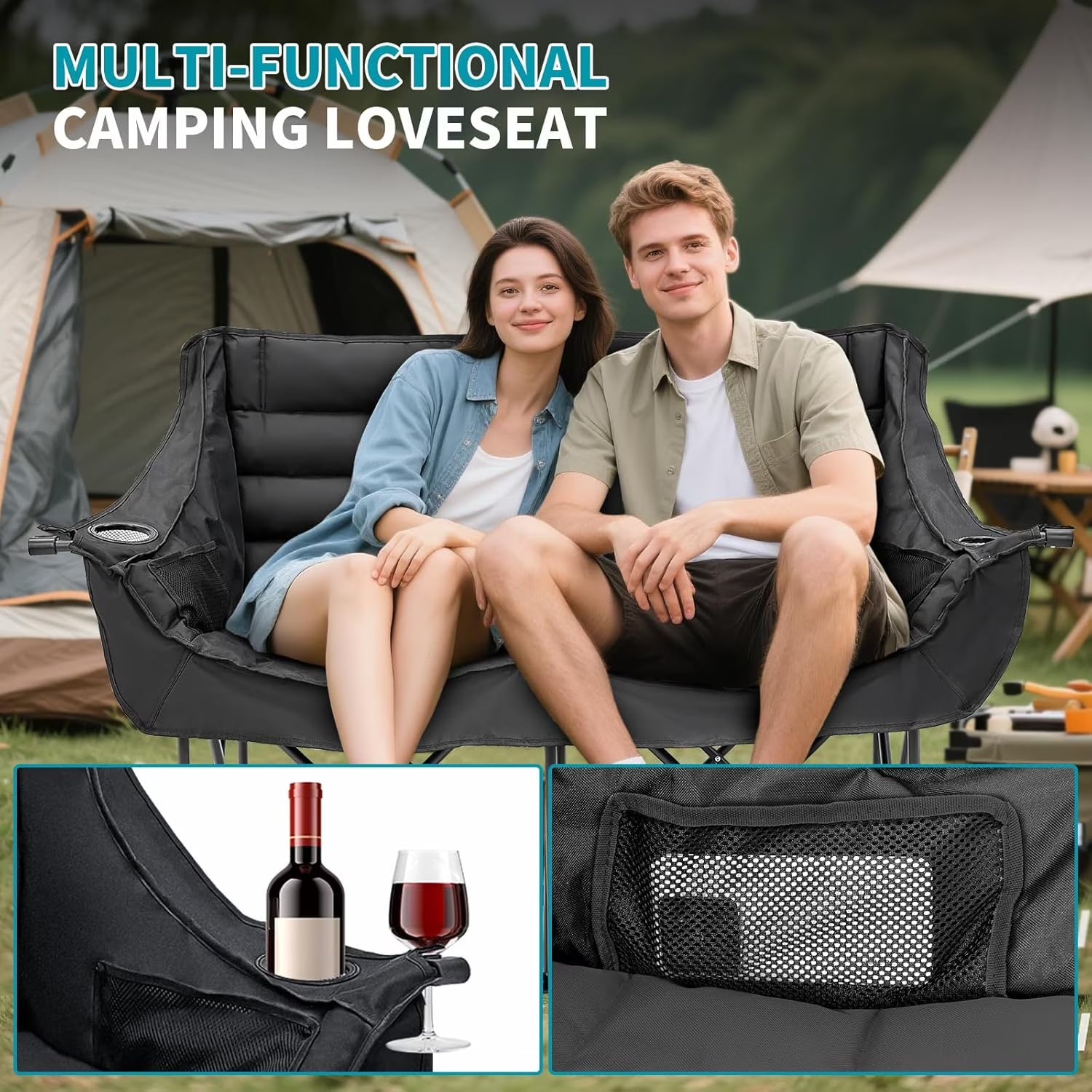 Double Camping Chair for 2 Person - Oversized Padded Folding Loveseat - Portable Camping Couch Heavy Duty Lawn Chairs for Outdoor Beach - Support 500LBS