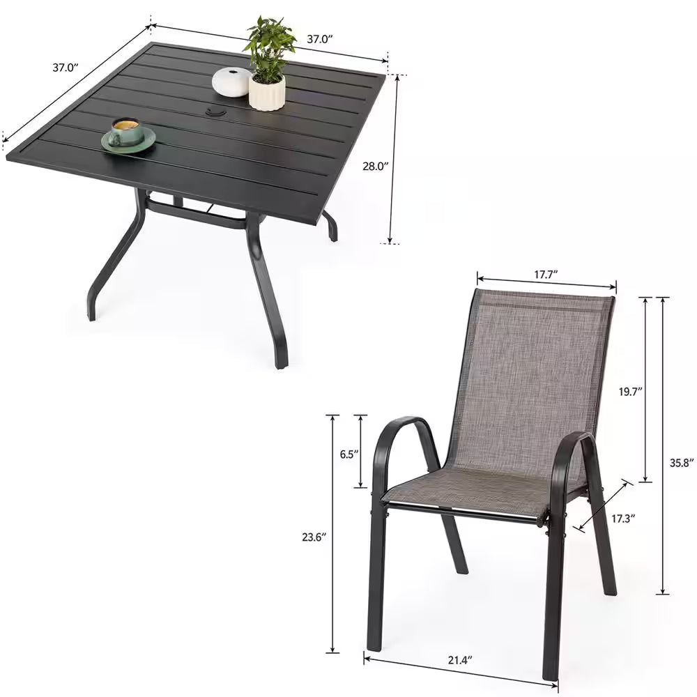 Metal Patio Table and Chairs Set for 4 with Square Patio Table and Stackable Patio Chairs for Lawn, Brown and Black