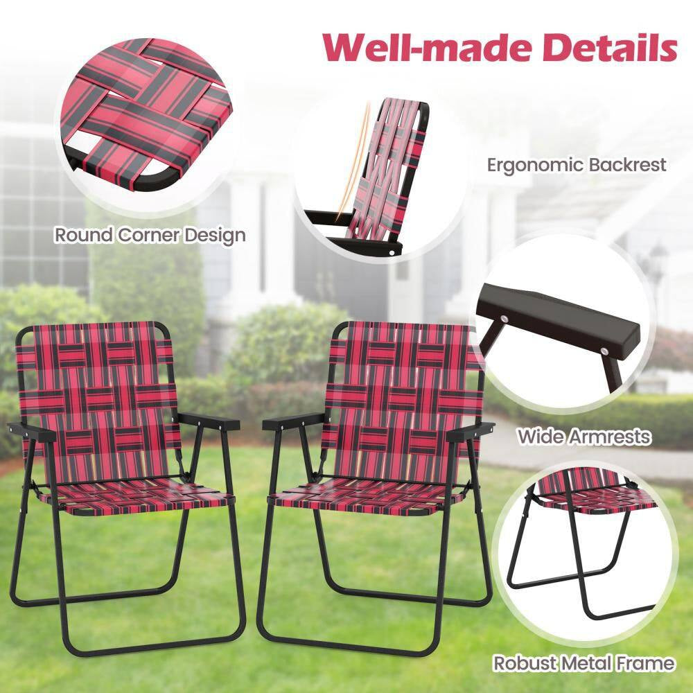 Red Metal Folding Webbed Lawn Chairs, Outdoor Patio Folding Beach Chairs with Heavy Duty Frame (Set-4)