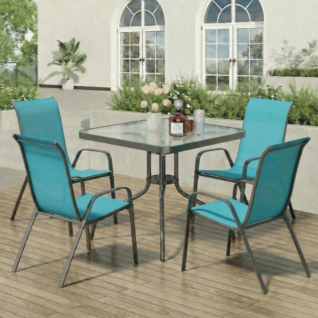 Patio Dining Set of 5, Outdoor Furniture Set with 4 Stackable Textilene Armchairs & Square Table, Light Blue