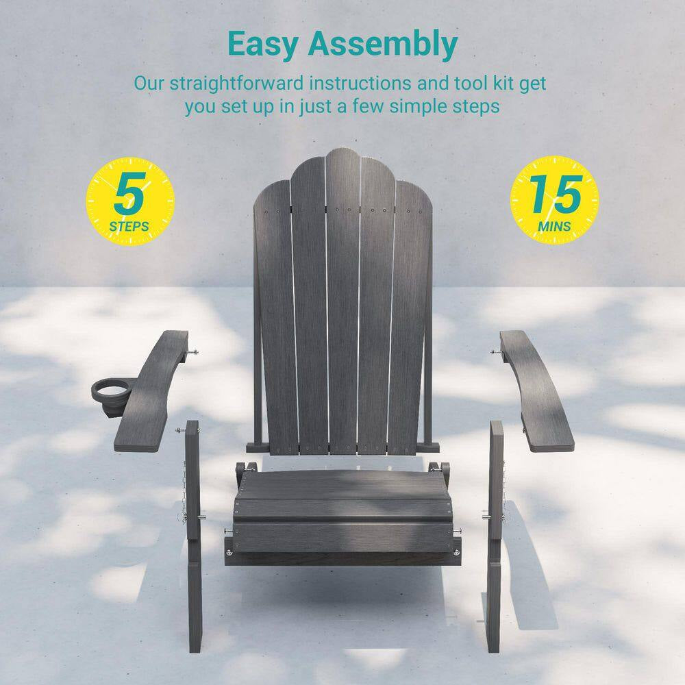 Charcoal Gray Plastic Foldable Adirondack Chair with Cup Holder, HDPE Lawn Chair, 350 Lbs., (Set of 2)