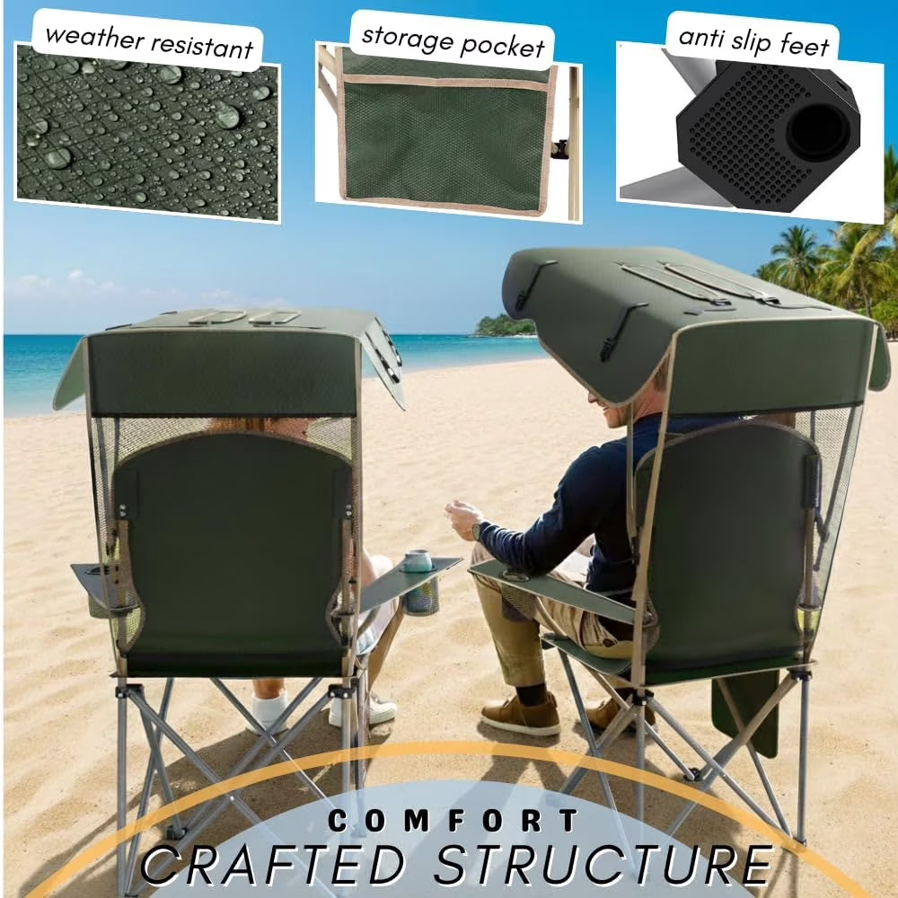 2-Pack Portable Folding Camping Chairs with Canopy Shade, Beach Chair for Adults, Durable Weather Resistant 600D Oxford Cloth, Camping Chair with Canopy for Outdoors