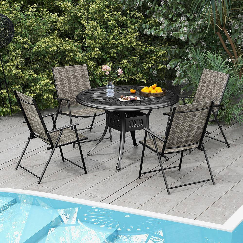 Mix Gray Folding Metal Outdoor Dining Chair Set of 4 W/Armrests Metal Frame for Garden No Assembly