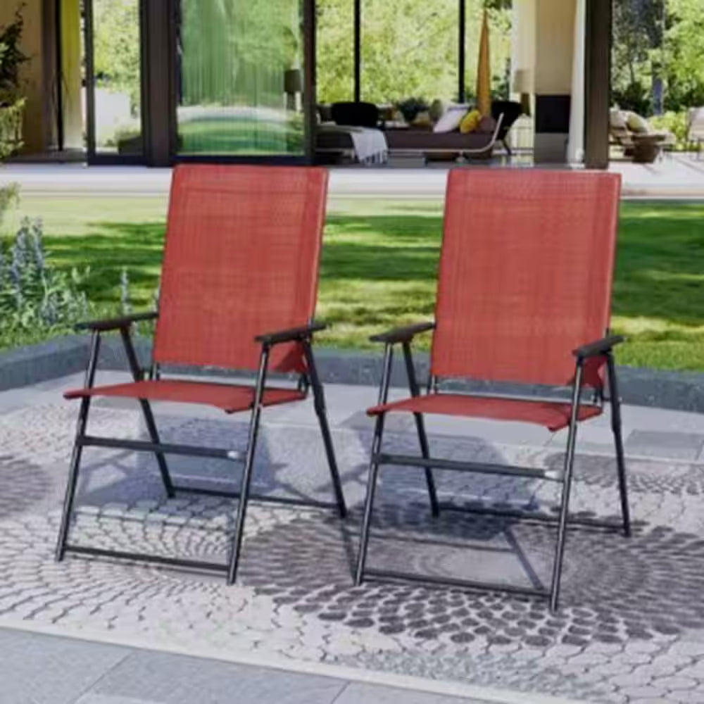 Metal Outdoor Dining Chairs Patio Folding Lawn Chair-Red (Set of 2)
