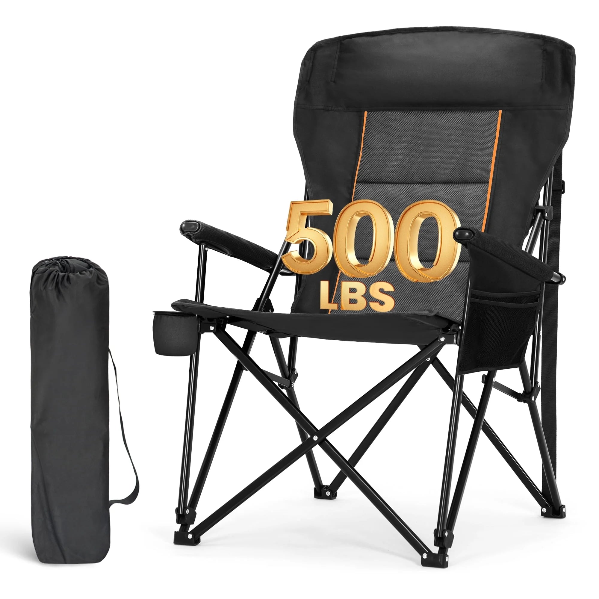 Oversized Camping Chair Heavy Duty High Back Camping Chairs 500Lbs Capacity Folding Lawn Chairs with Cup Holder, Portable for Outdoor, Beach and Picnic, Black