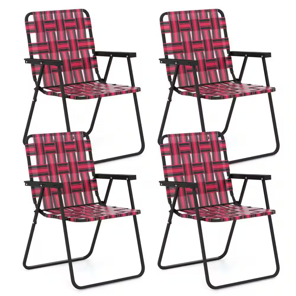 Red Metal Folding Webbed Lawn Chairs, Outdoor Patio Folding Beach Chairs with Heavy Duty Frame (Set-4)