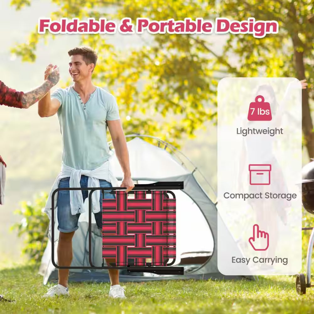 Red Metal Folding Webbed Lawn Chairs, Outdoor Patio Folding Beach Chairs with Heavy Duty Frame (Set-4)