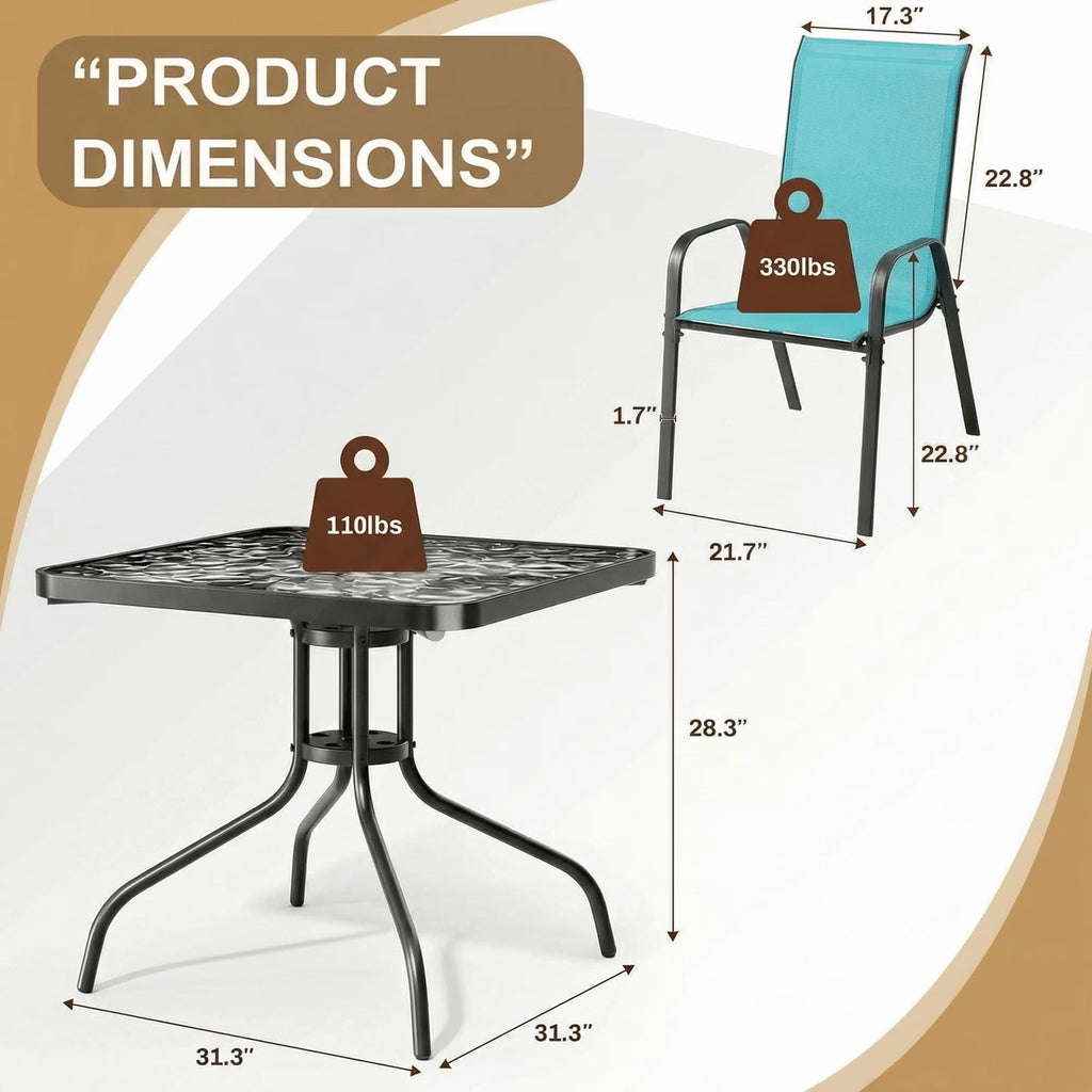Patio Dining Set of 5, Outdoor Furniture Set with 4 Stackable Textilene Armchairs & Square Table, Light Blue