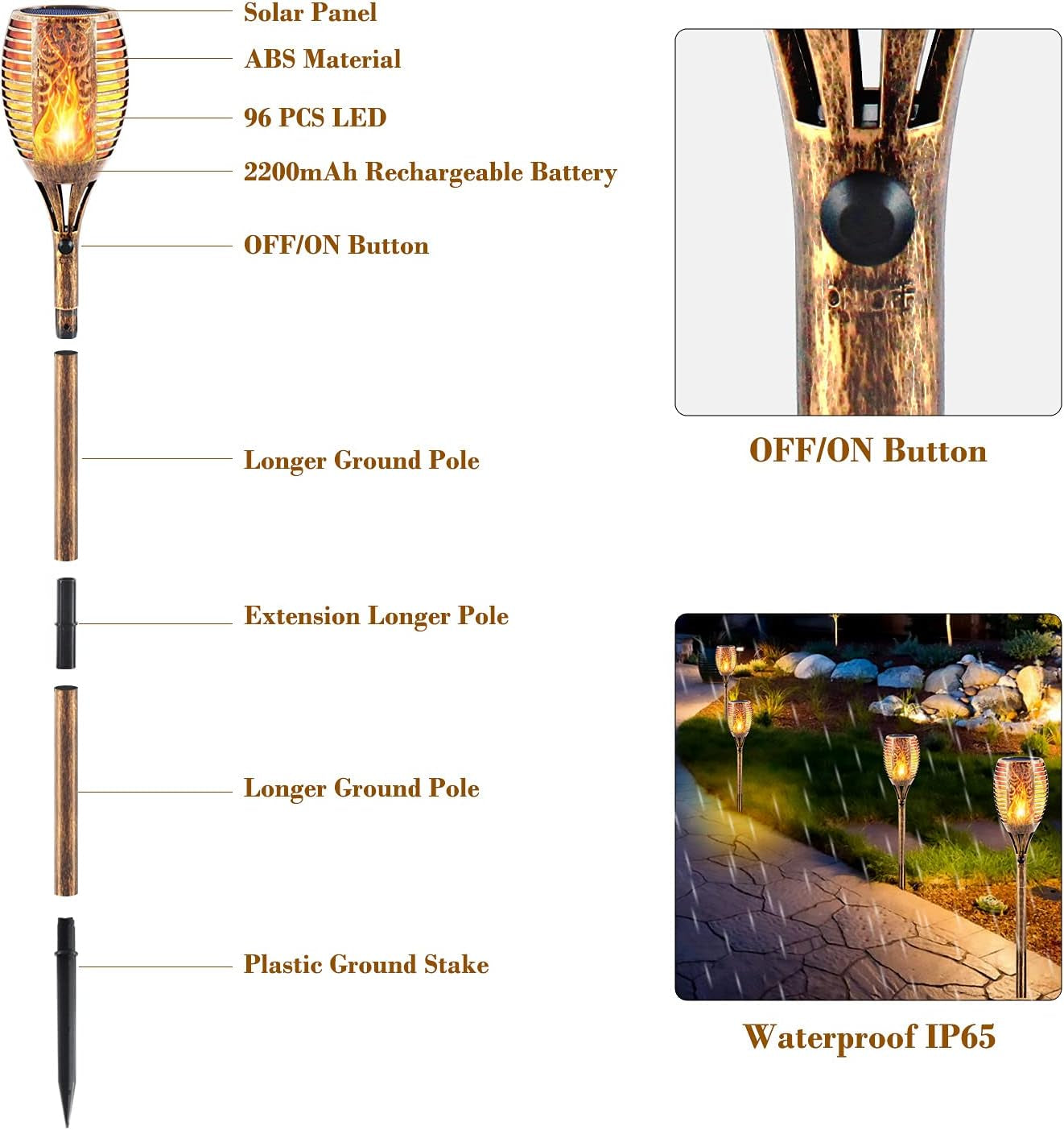 Solar Flickering Flame Torch,Solar Torch Lights 96 Leds Waterproof Solar Outdoor Light Christmas Decor Outdoor Lights Torches Dancing Flame Auto On/Off 4 Pack