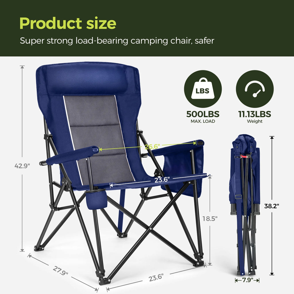2-Pack Oversized Camping Chair Heavy Duty High Back Camping Chairs 500Lbs Capacity Folding Lawn Chairs with Cup Holder, Portable for Outdoor, Beach and Picnic, Blue