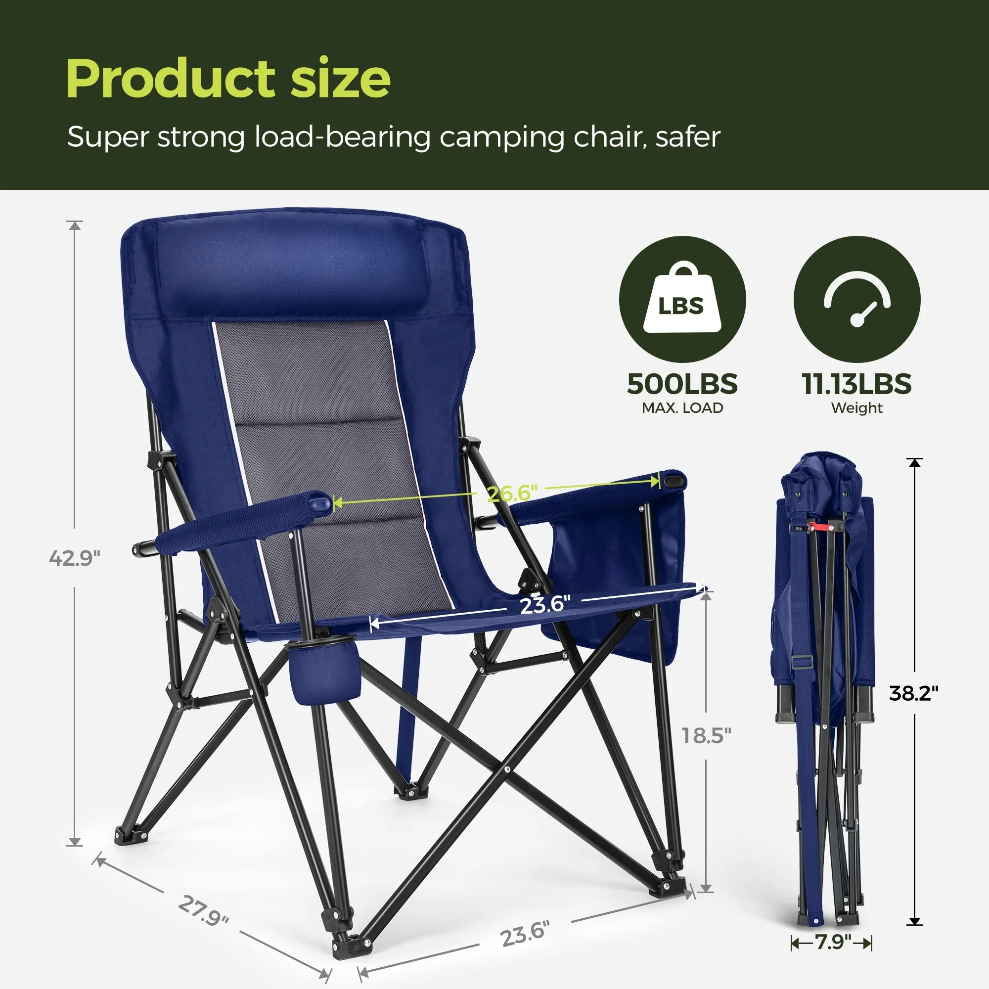 2-Pack Oversized Camping Chair Heavy Duty High Back Camping Chairs 500Lbs Capacity Folding Lawn Chairs with Cup Holder, Portable for Outdoor, Beach and Picnic, Blue