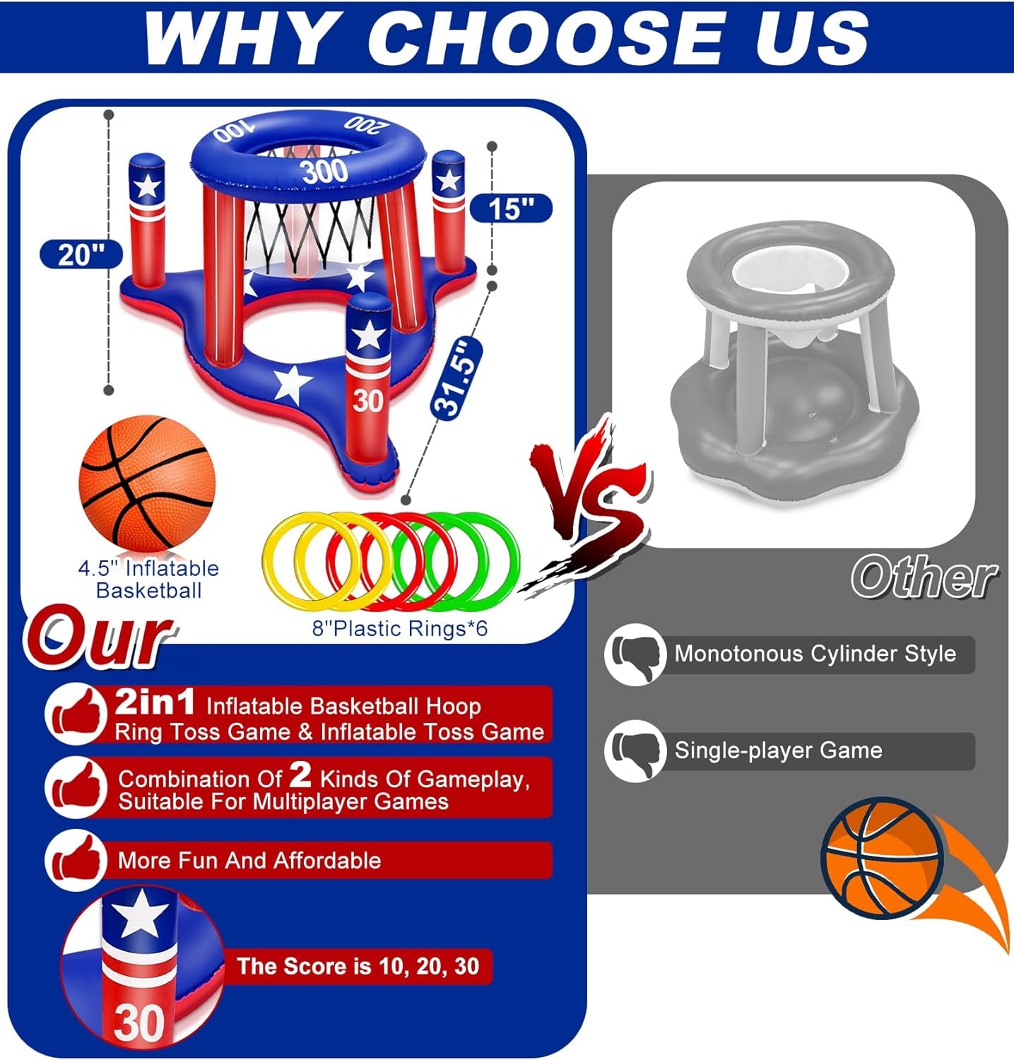 4Th of July Pool Games Set, Volleyball Net & Basketball Hoop & Ring Toss, 250Th Anniversary 3-In-1 Large Inflatable Water Sport Game Toys for Multi-Player Adults American Flag Swimming Summer Party