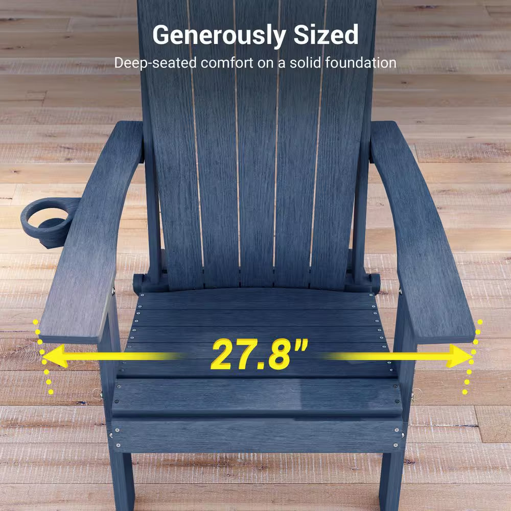 Navy Blue Plastic Foldable Adirondack Chair with Cup Holder, HDPE Lawn Chair, 350 Lbs.