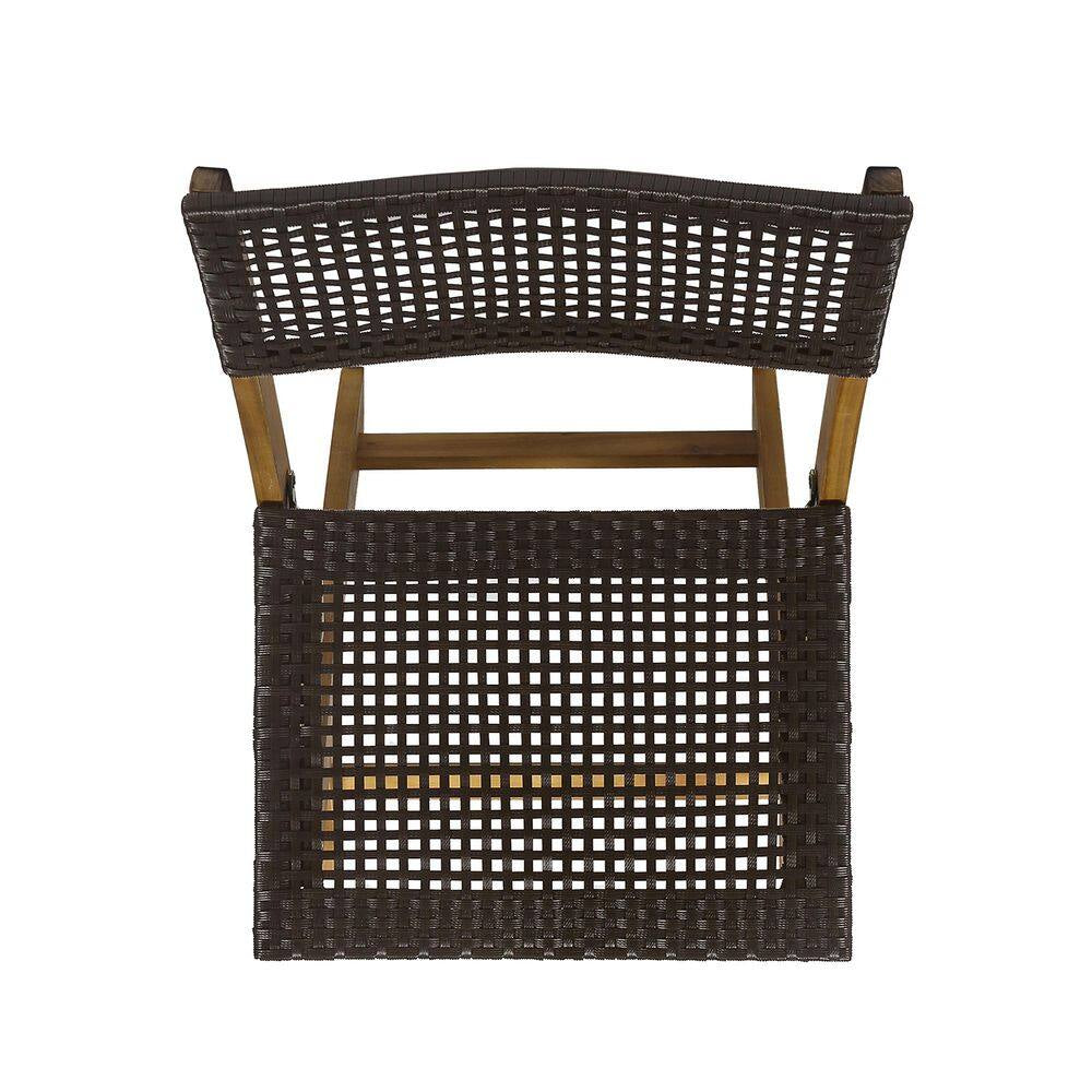 Teak Acacia Wood Folding Lawn Chair, Bistro Chair with Brown Wicker Seat (Set of 2)