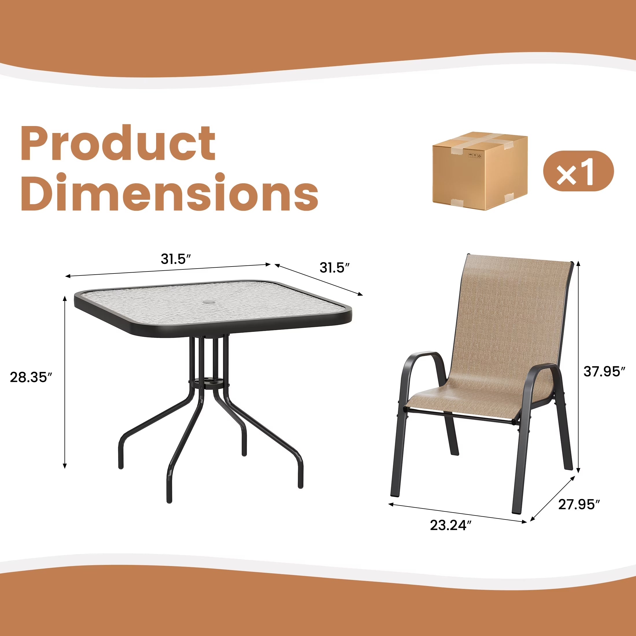 Outdoor Dining Set of 5, Patio Table and Chairs Set, Textured Glass Tabletop, 4 Stackable Patio Chairs, Patio Furniture, Balcony, Porch, Lawn- Brown