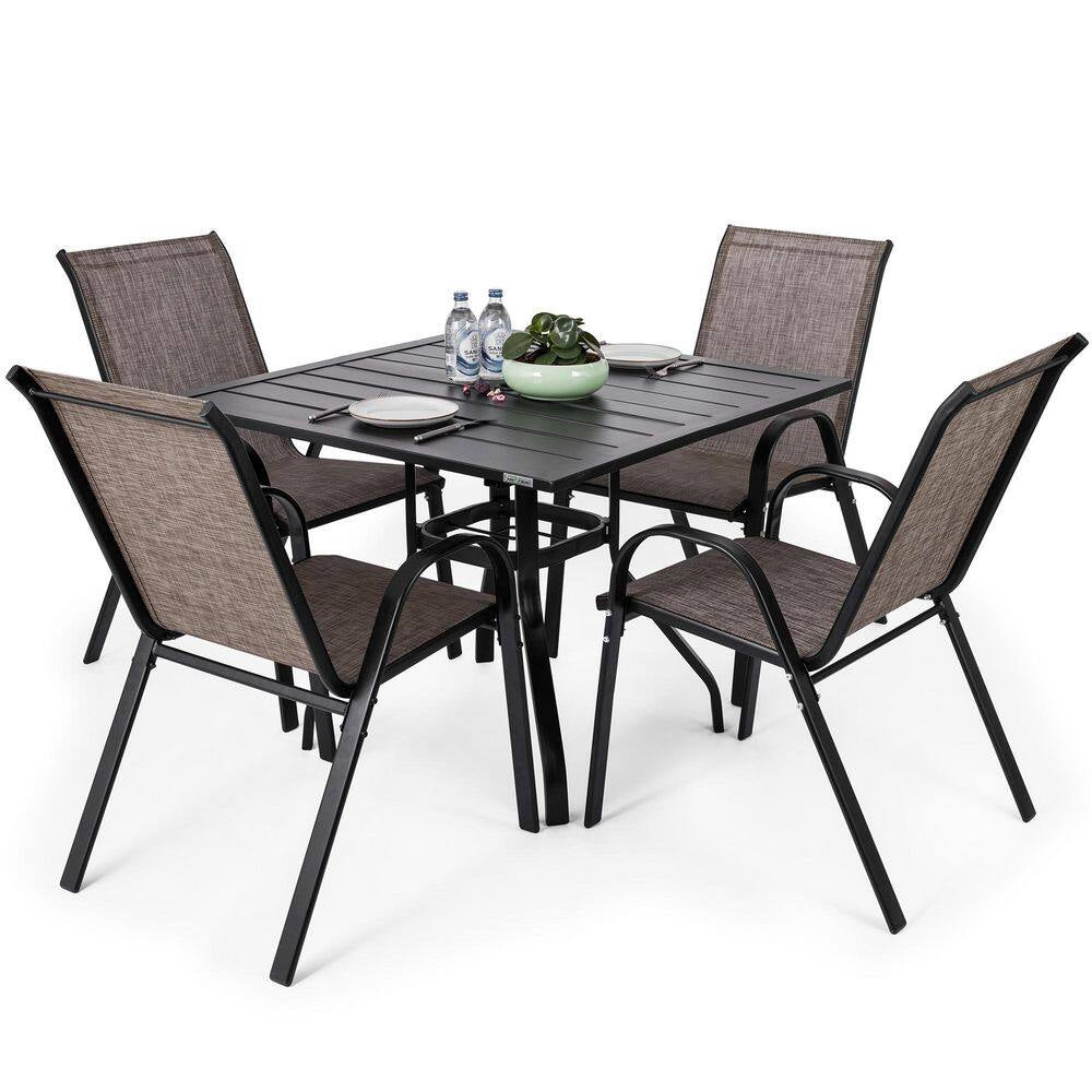 Metal Patio Table and Chairs Set for 4 with Square Patio Table and Stackable Patio Chairs for Lawn, Brown and Black