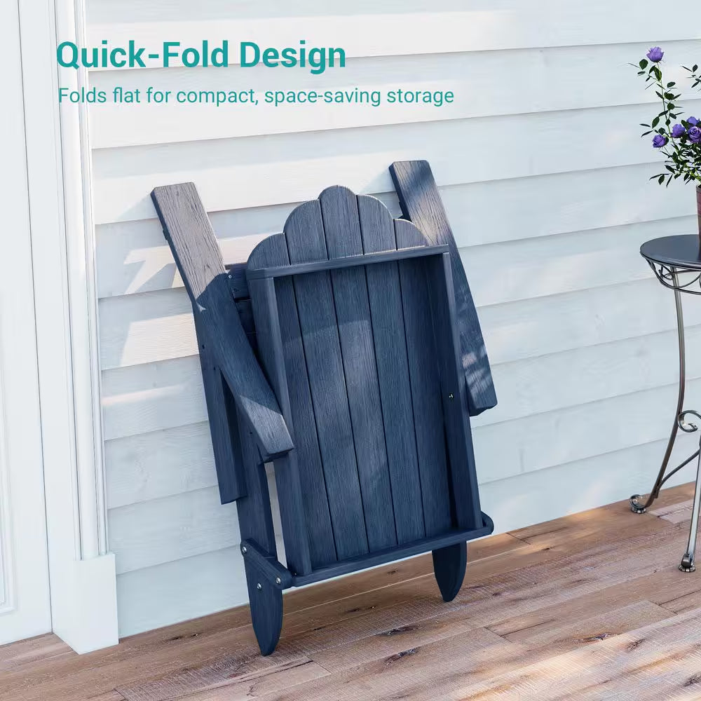 Navy Blue Plastic Foldable Adirondack Chair with Cup Holder, HDPE Lawn Chair, 350 Lbs.