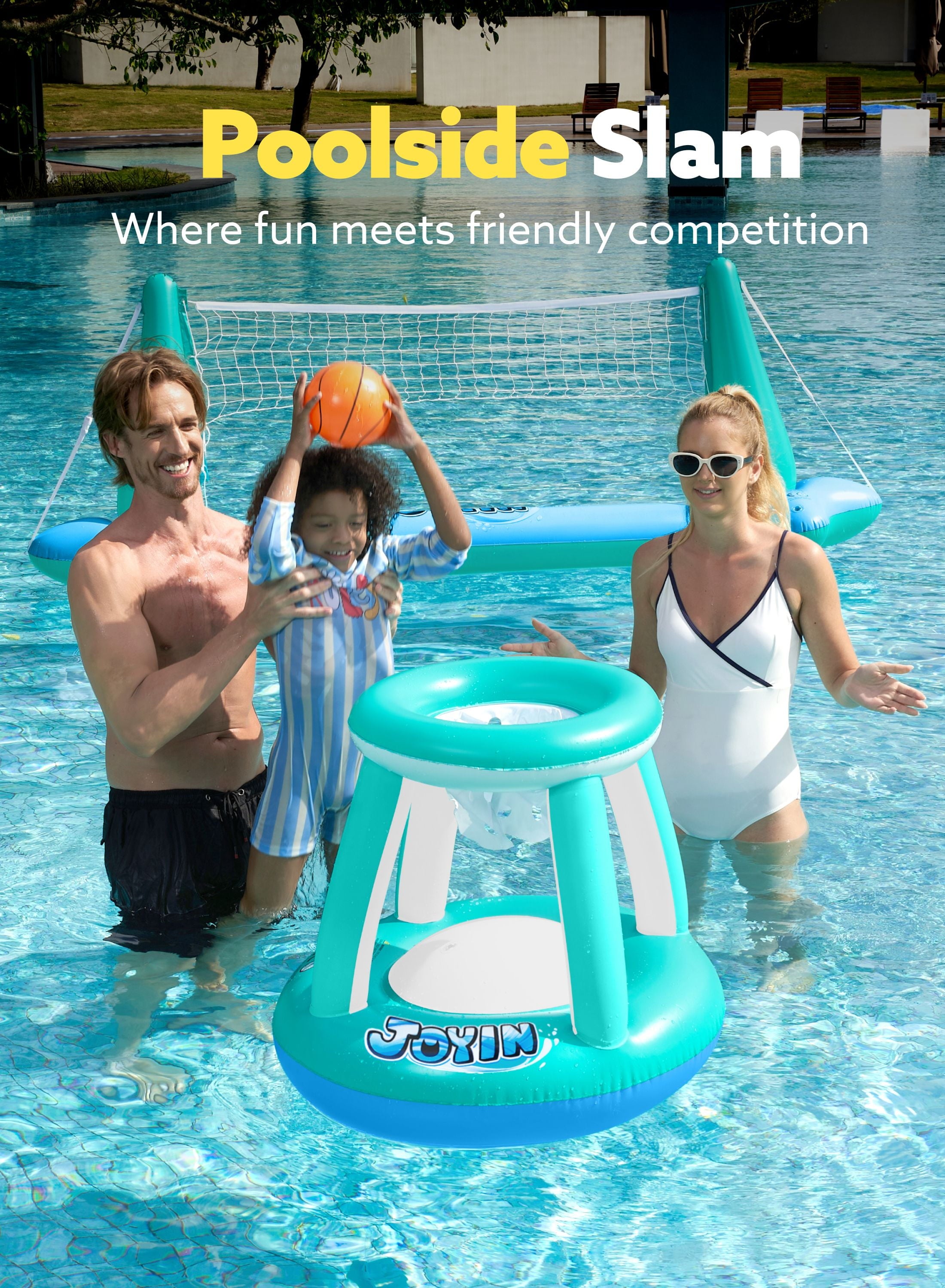 Inflatable Pool Float Set Pool Volleyball Net & Basketball Hoops, Summer Pool Toys for Kids and Pool Game Adults, Volleyball Court (105”X28”X35”)|Basketball (27”X23”X27”),L-Blue