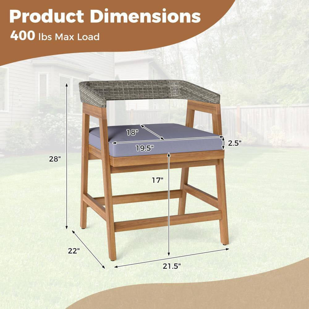 Acacia Wood Outdoor Dining Chair Patio Chairs with Gray Cushion for Garden (4-Pack)