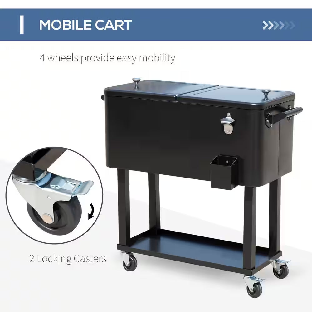 80 Qt. Rolling Cooler Ice Chest on Wheels Outdoor Party Drink Cooler Cart Black