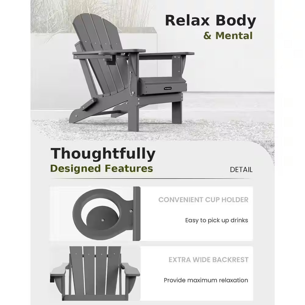 Gray Folding Adirondack Chairs Set of 1, Patio Chairs with Cup Holder, Lawn Chairs, Weather Resistant, Recyclable