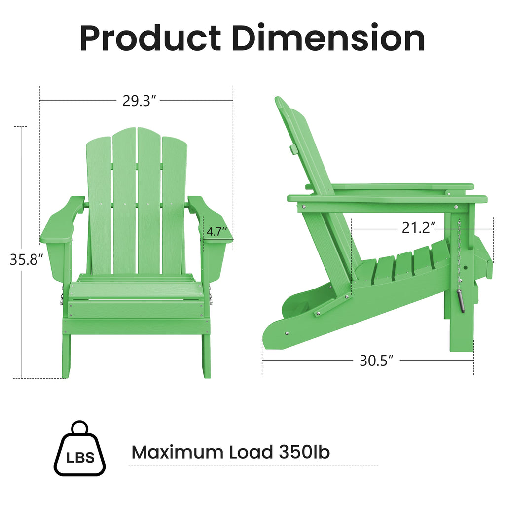 Adirondack Chair, 2PC Plastic Folding Outdoor Patio Chairs, outside HDPE Chairs for Lawn, Yard, Light Green