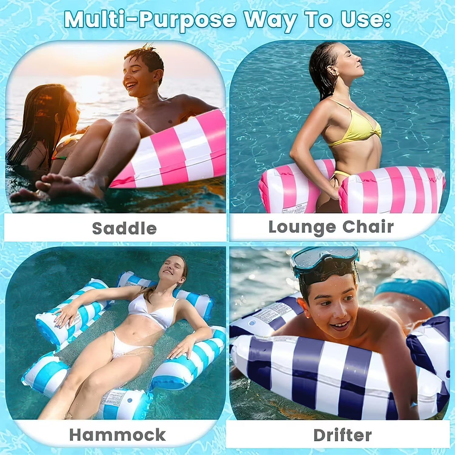 Pool Floats, Upgraded 4-In-1 Inflatable Water Hammock, Pool Toys for Adults, Portable Floating Lounger for Pool, Beach, Capacity 220 Lbs, Blue
