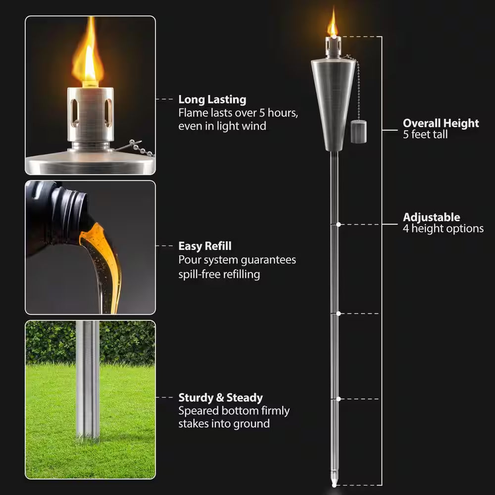 Outdoor Torches with Wick Aand Snuffer Cap Set of 4 (Cone), Citronella Oil Lamp, 3 In. X 60 In. Metal Oil Outdoor Torch
