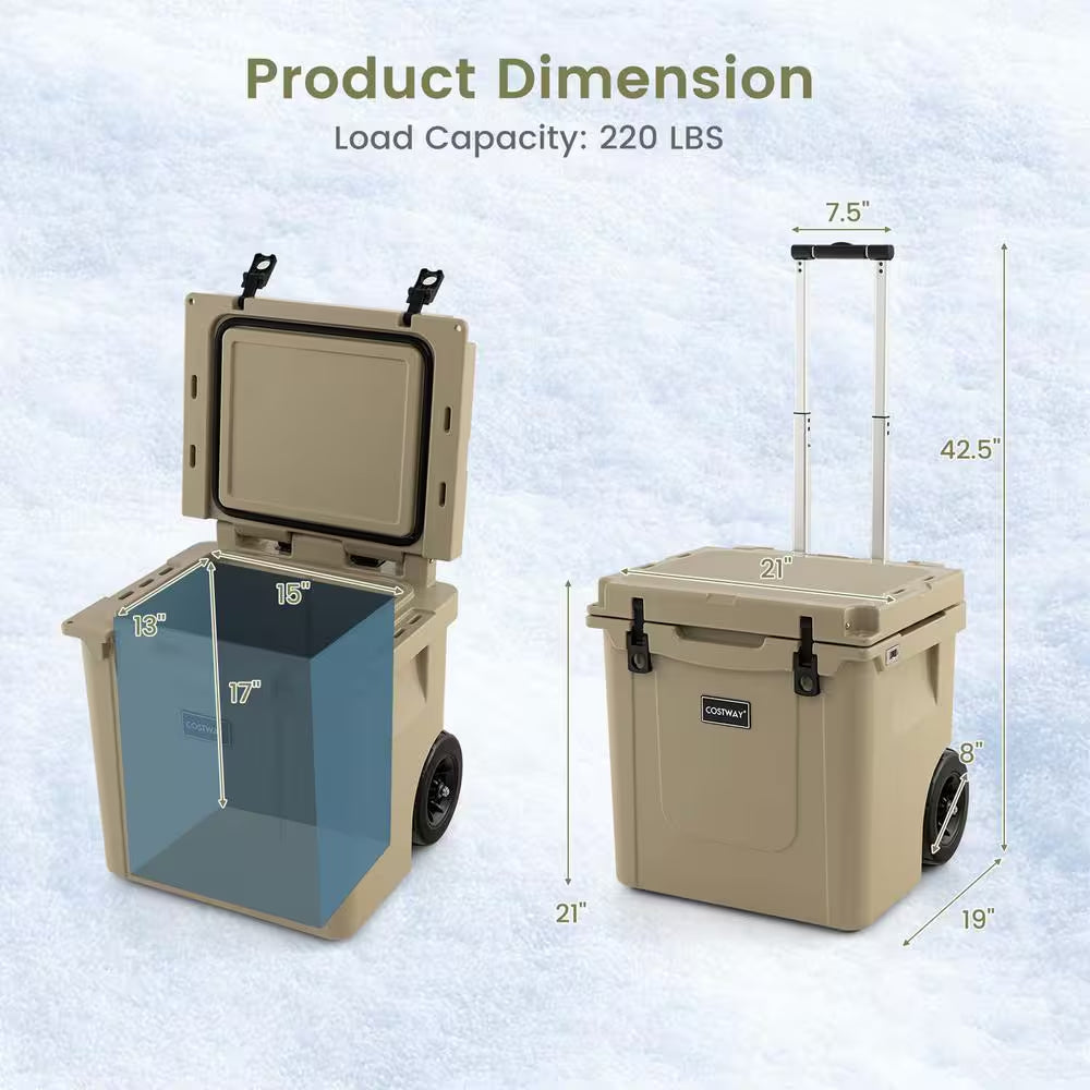 45 Qt. Cooler Towable Ice Chest Cooler with All-Terrain Wheels Leak-Proof for Camping