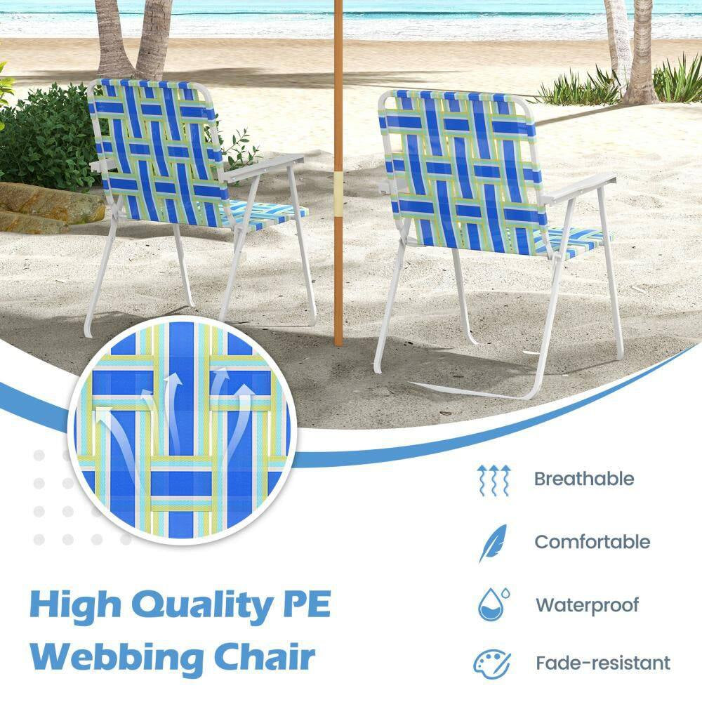 Blue Metal Webbed Lawn Chairs Outdoor Patio Folding Beach Chairs with Flightweight Portable Web Camping Chairs(Set of 2)
