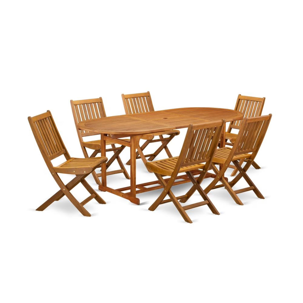 Beasley 7-Piece Patio Dining Set W/ Slat Back in Natural Oil