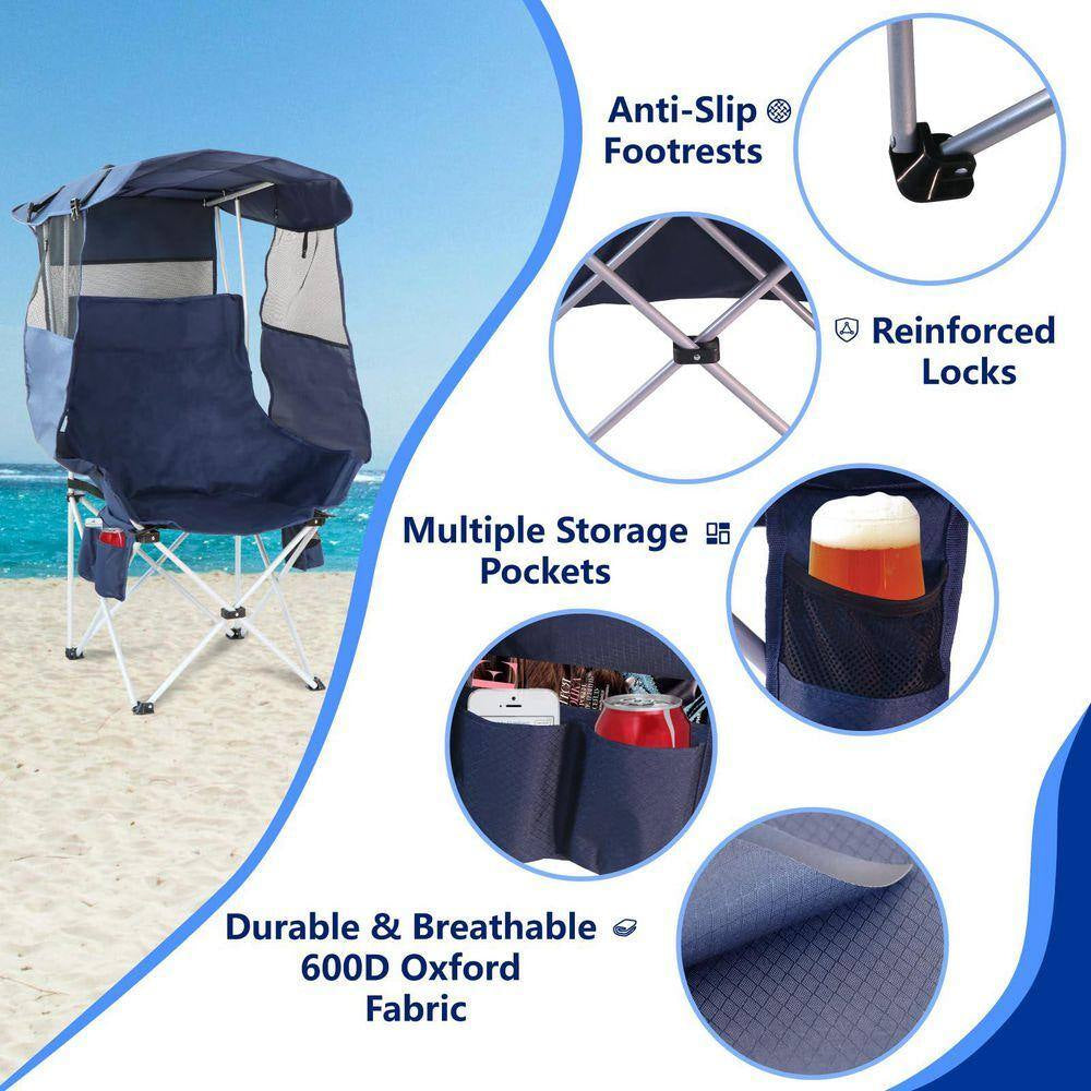 Blue Steel Folding Camping Chairs Lawn Beach Chairs with Canopy